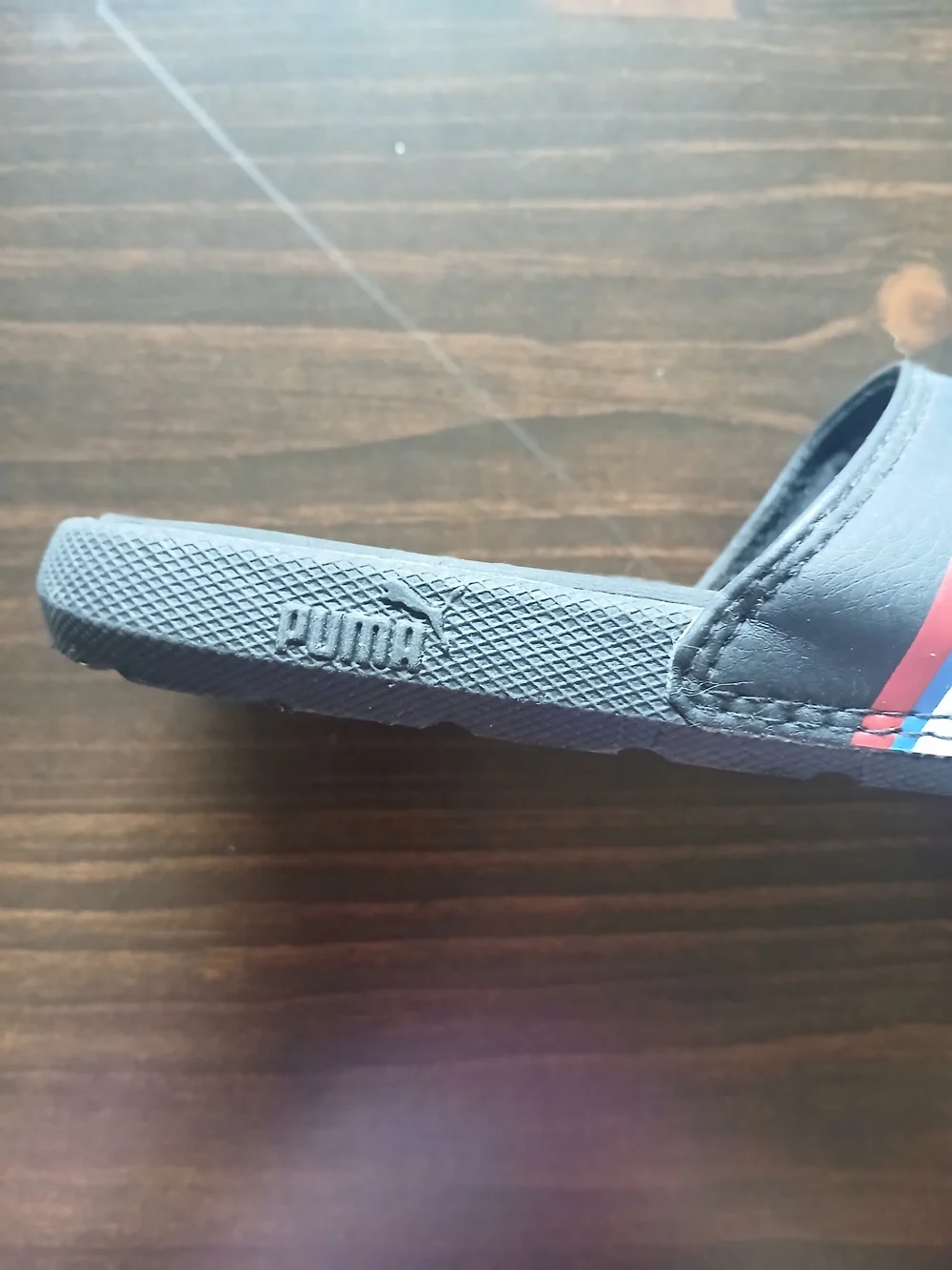 Puma Black Slide Sandal with Red, White & Blue Stripe